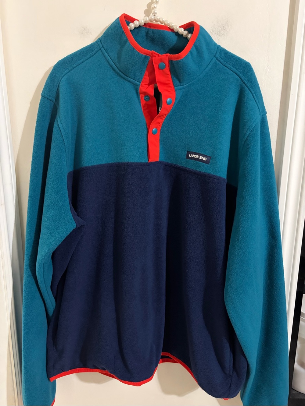 Lands' End Men's Teal, Navy & Red Colorblock Fleece Snap Pullover